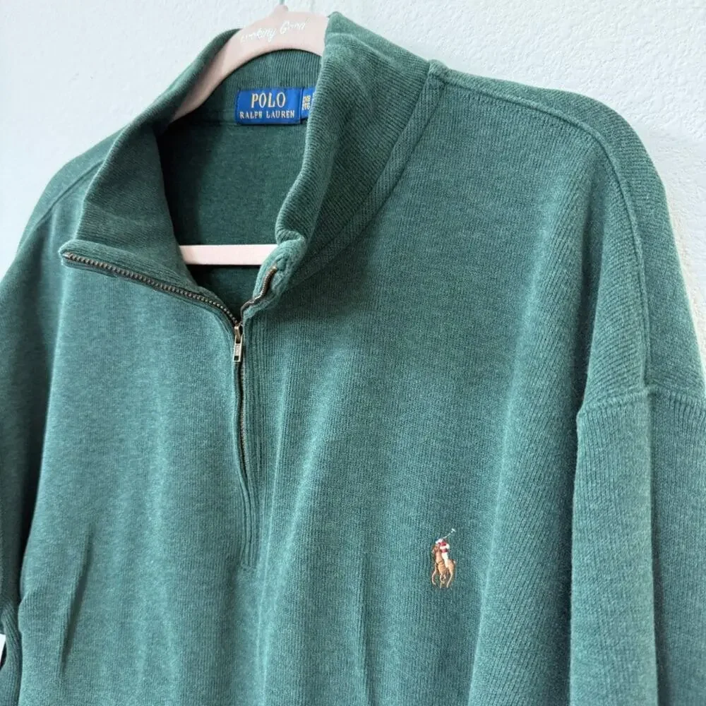 POLO RALPH LAUREN Quarter-Zip Pullover Green Cotton Knit Men’s Size 2XB‎